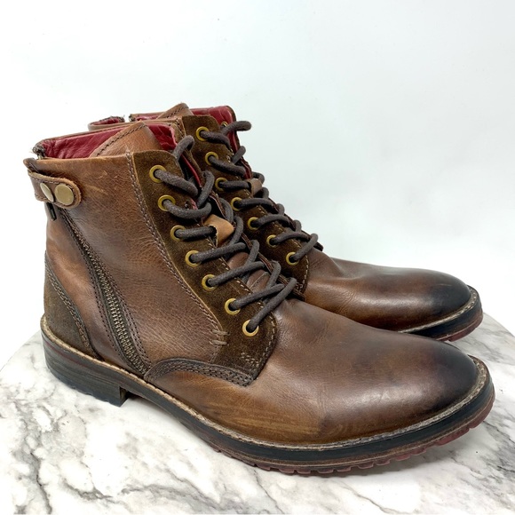 Ball Of Fire Lace Up Side Zip Brown Leather Lug Sole Combat Boot
